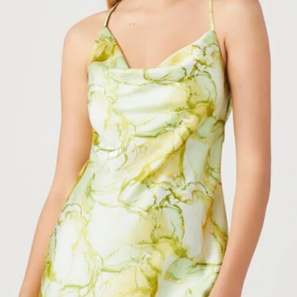 cowl neck marble print slip dress